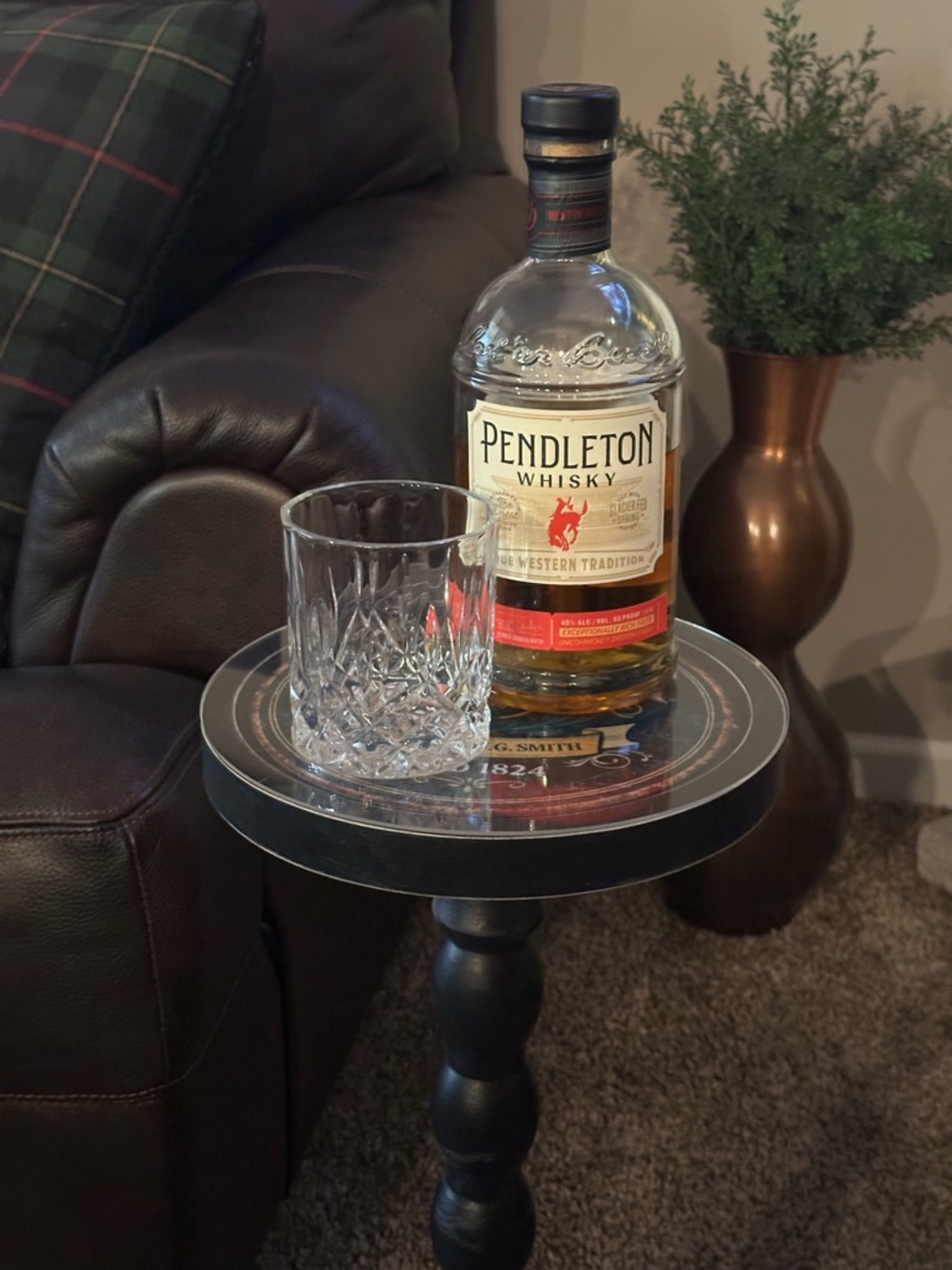 Pendleton Whisky Bottle and Clear Cut Crystal Rocks Glass - Brown & Clear